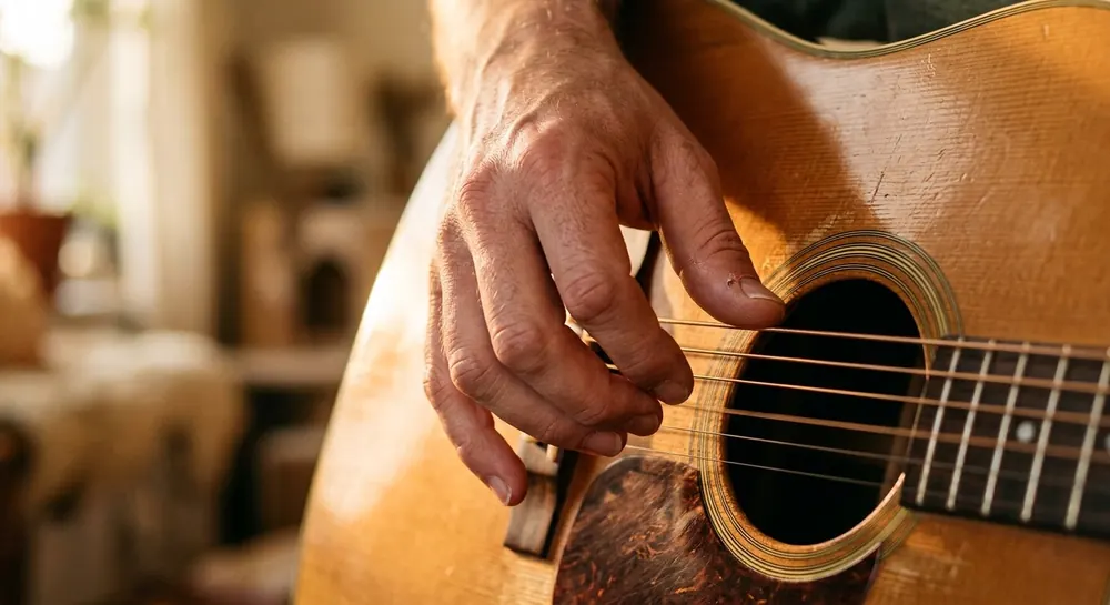 Handen spelen fingerstyle op een akoestische gitaar met stalen snaren