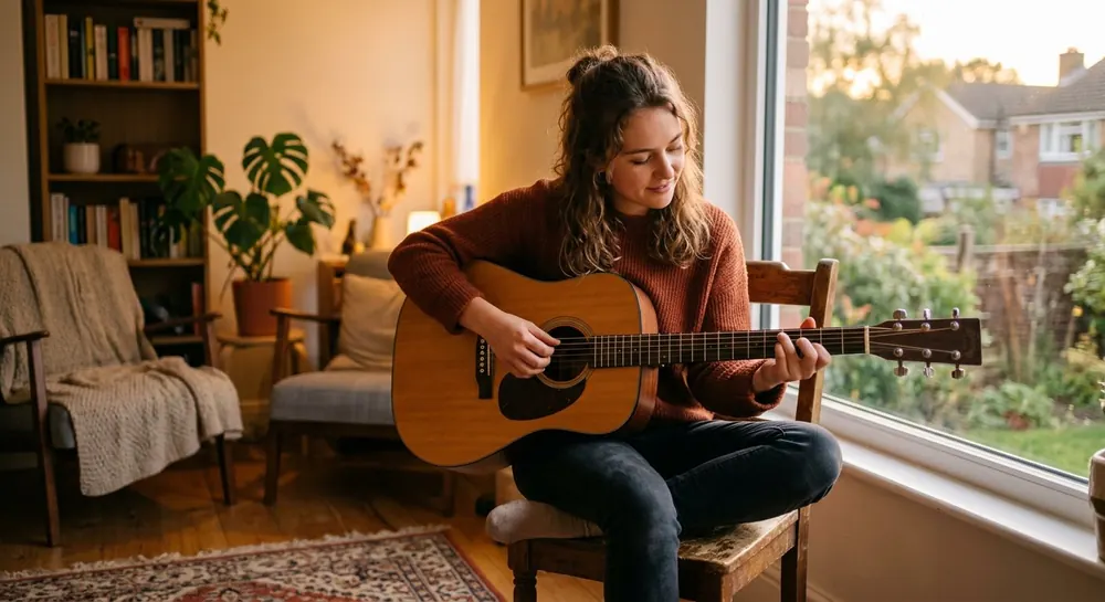 Iemand oefent thuis op een akoestische gitaar